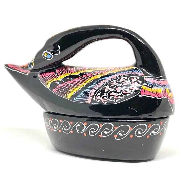Black Lacquered Wood Trinket Box Black Swan Bird Duck hand painted Thailand - Picture 7 of 14